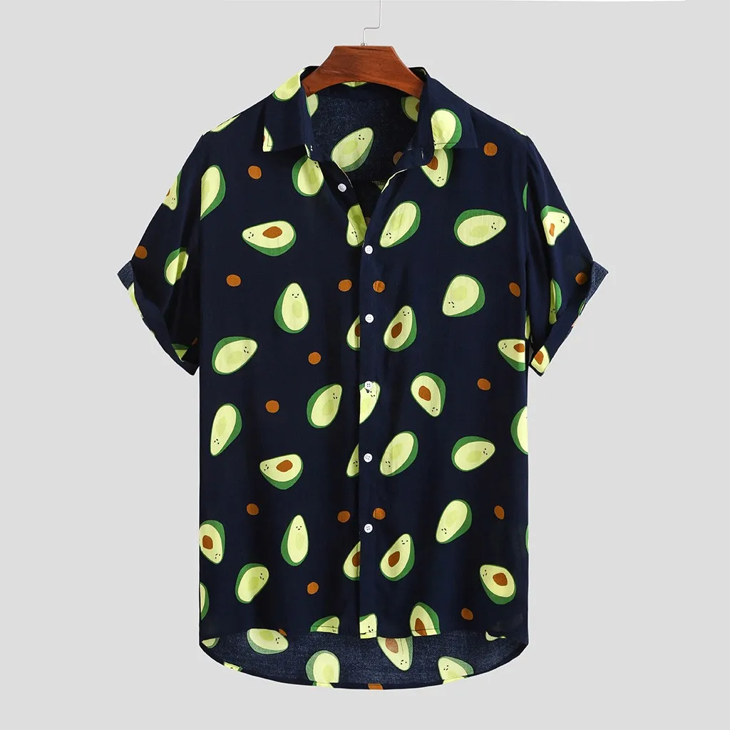 Shirt Hawaiian Short Sleeve Shirts Men Summer Casual Avocado Printed Shirts Single-breasted Lapel Neck Clothing Chemise Homme