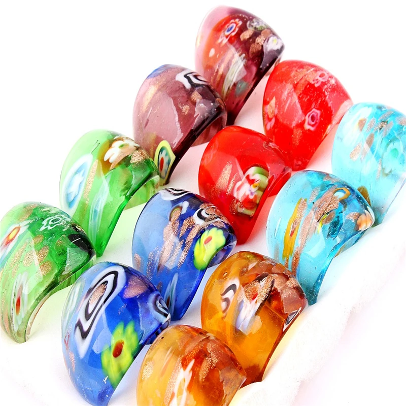 QianBei Mixed Bohemian Flower Pattern Glass Ring Jewelry Fashion Wholesale 12PCS/lot Glaze Rings Murano Ring For Women Gifts