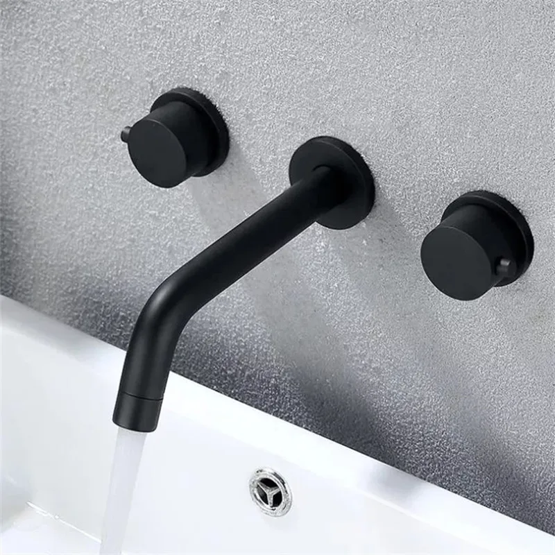 Matte Black Bathroom Faucet-Double Handle Wall Mount Brass Basin Mixer and Rough-in Valve Included Top quality