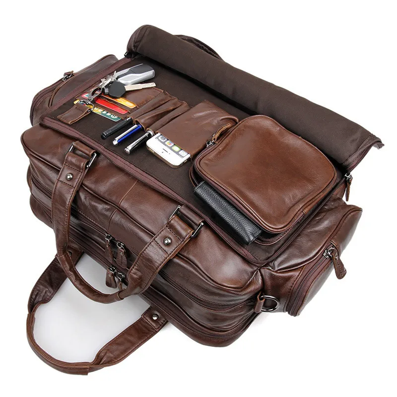 Functional Genuine Leather Travel Bag Men Leather Handbag Business Casual Laptop Shoulder Bags Tote Briefcase for Documents