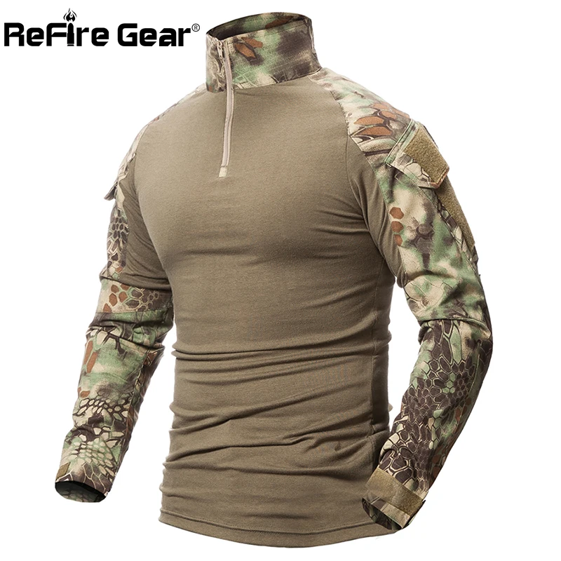 ReFire Gear Camouflage Army T-Shirt Men US RU Soldiers Combat Tactical T Shirt Military Force Multicam Camo Long Sleeve T Shirts