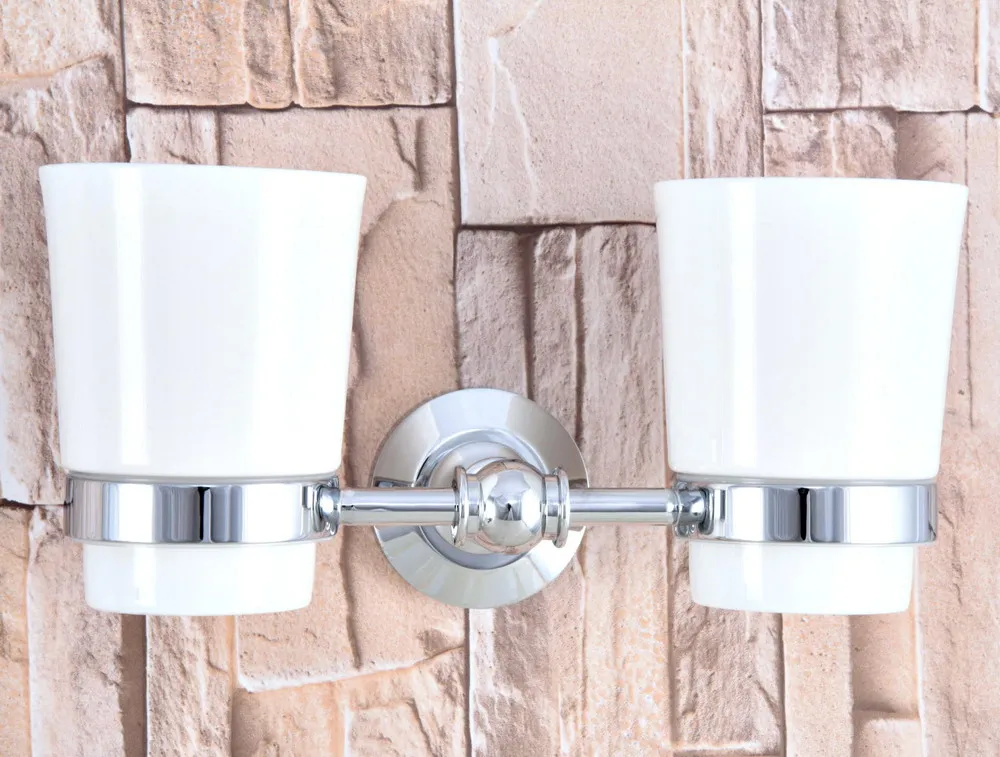 Wall Mounted Polished Chrome Brass Bathroom Toothbrush Holder Set Bathroom Accessory Dual Ceramic Cup mba798