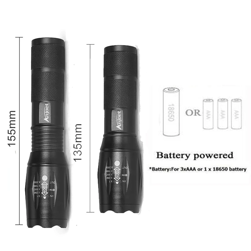 Anjoet A100 CREE XML L2 U3 LED 5000Lm Zoom Tactical Aluminum Flashlight Zoomable Torch Lamp For AAA 18650 Rechargeable Battery