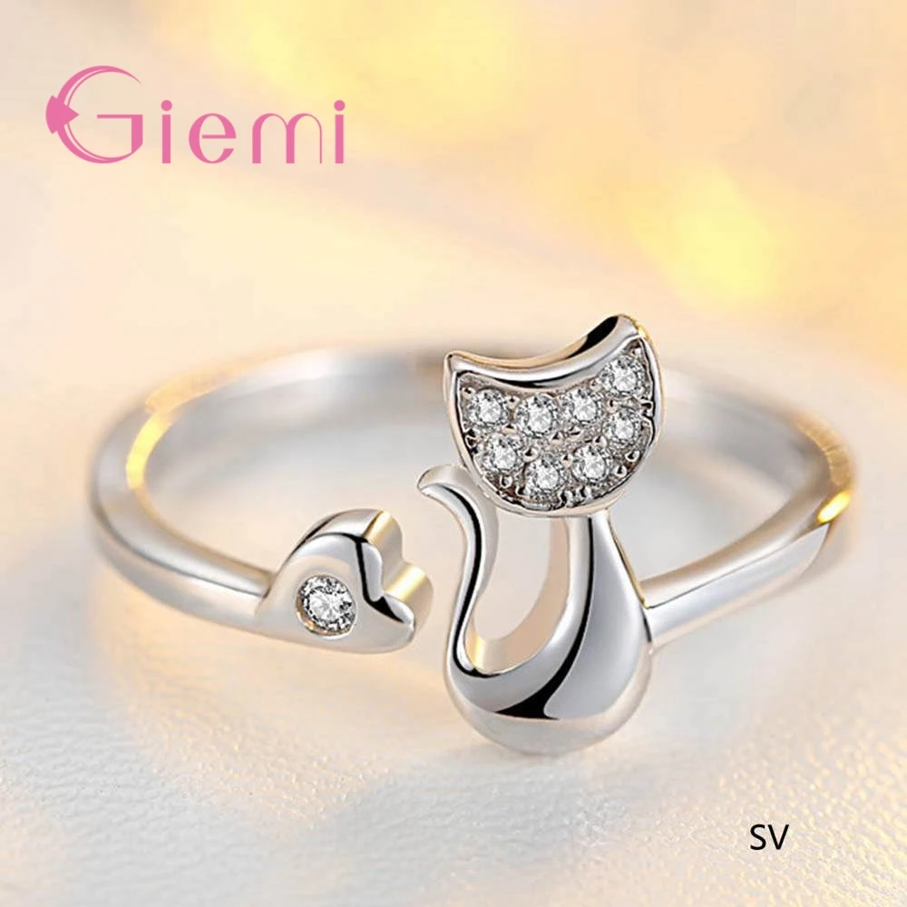 Different Finger Rings Super Shiny Cubic Zirconia Embellishment Two Colours Chic Cat Shape 925 Sterling Silver Opening