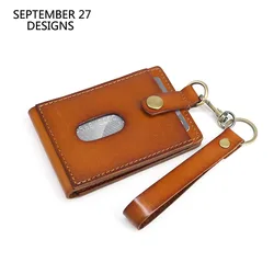 ID Badge Holder For Office Work Genuine Leather Credit Card Bag Retractable Lanyard Neck Strap Reel Id Driving License Purses