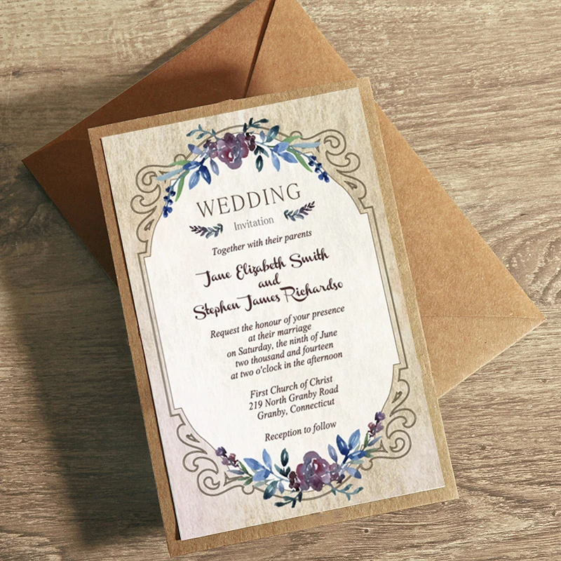 

Vintage Flowers Wedding Invitations, Rustic European Style Invitation Cards - Set of 50 pcs