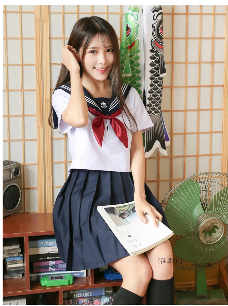 Japanese Korean Style School Uniform Suit Students Girls Trident Pattern JK Uniform White Sailor Top+Skirt+Tie Preppy Uniforms