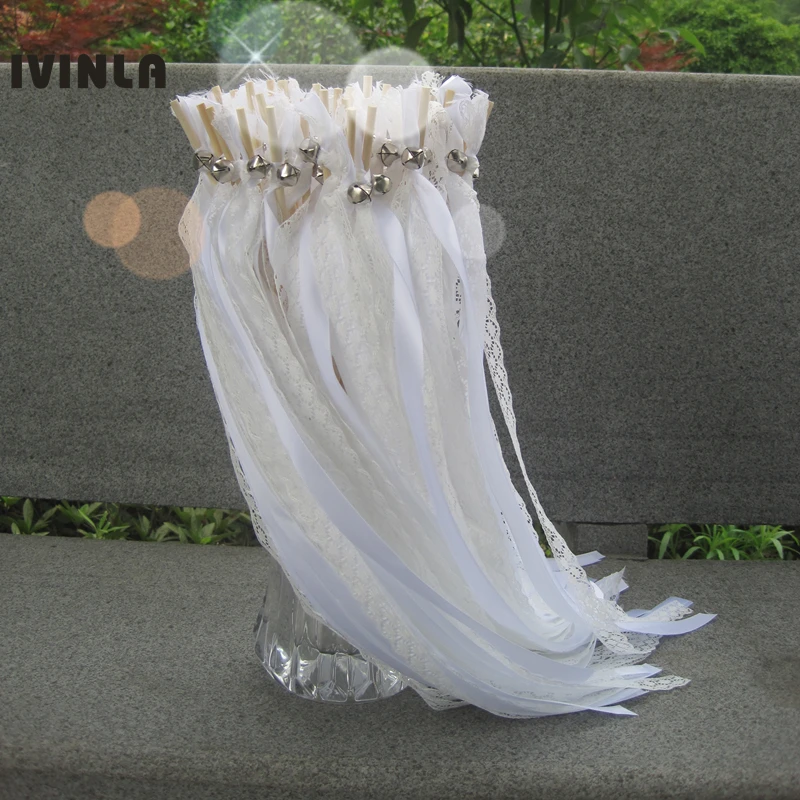 

50pcs/lot White Lace wedding ribbon wands with sliver bell for wedding decoration