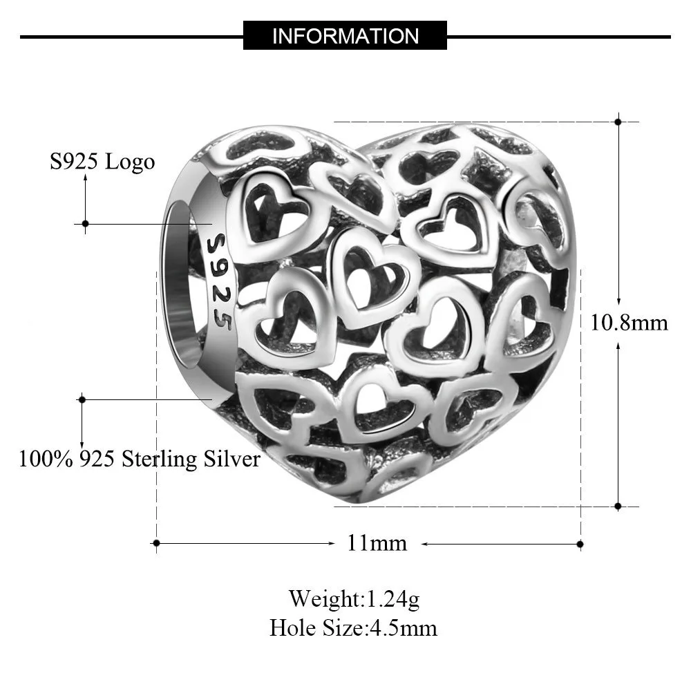 Authentic 925 Sterling Silver Beads Hollow Love Heart Bead For Original Pandora Charm Bracelets & Bangles Jewelry