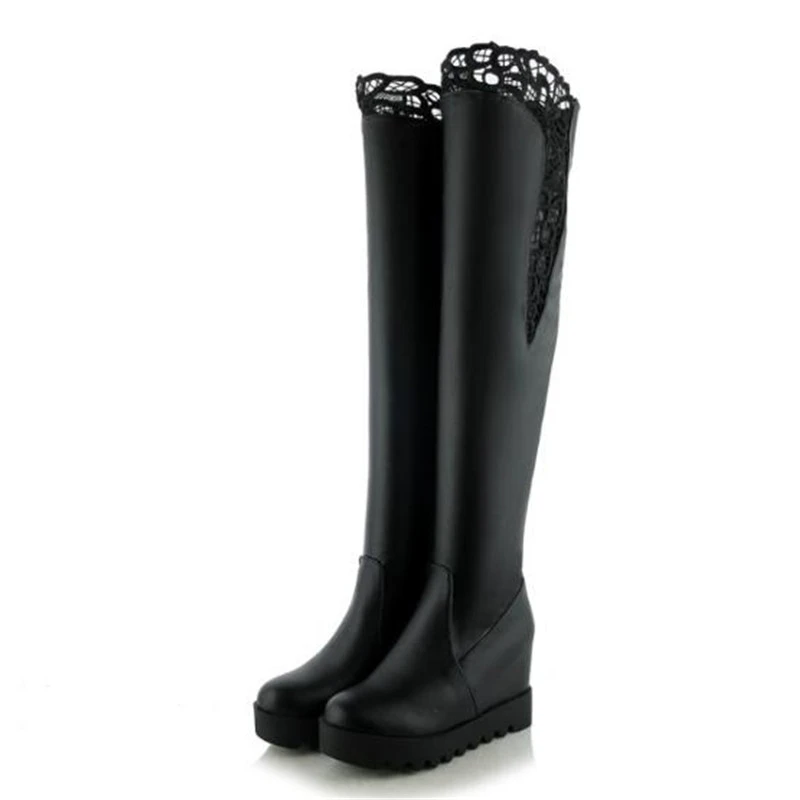 Stivali da donna autunno inverno nuovo stile moda sexy pizzo testa tonda sopra gli stivali al ginocchio Cashmere tenere al caldo stivali invernali