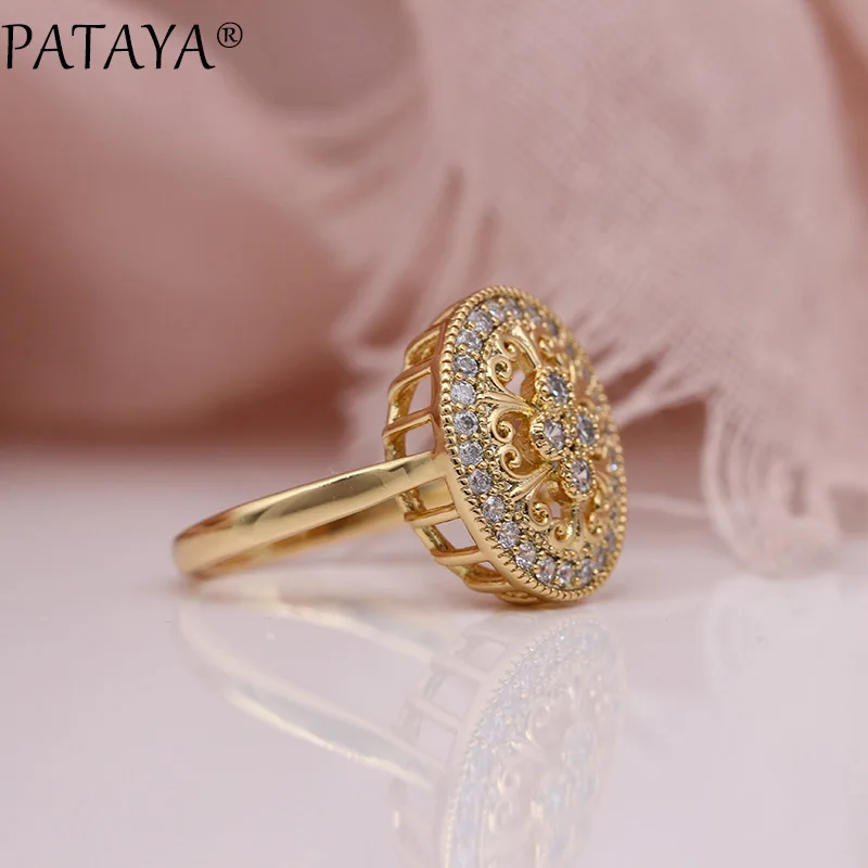 PATAYA New Micro Wax Inlay Hollow Rings Women Wedding Fine Fashion Jewelry 585 Rose Gold Color Natural Zircon Flower Oval Rings