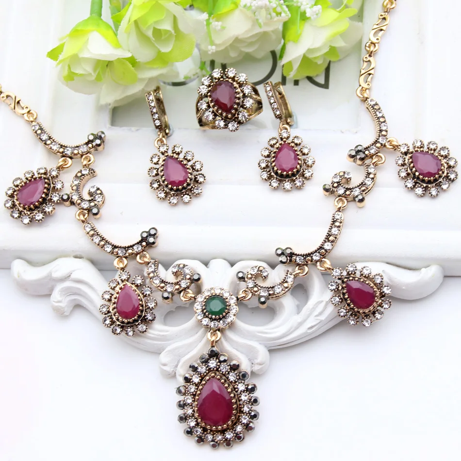 Sunspicems Bohemia Wedding Jewelry Sets for Women 4PCS Antique Gold Color Earring Bracelet Ring Necklace Full Crystal Bride Gift