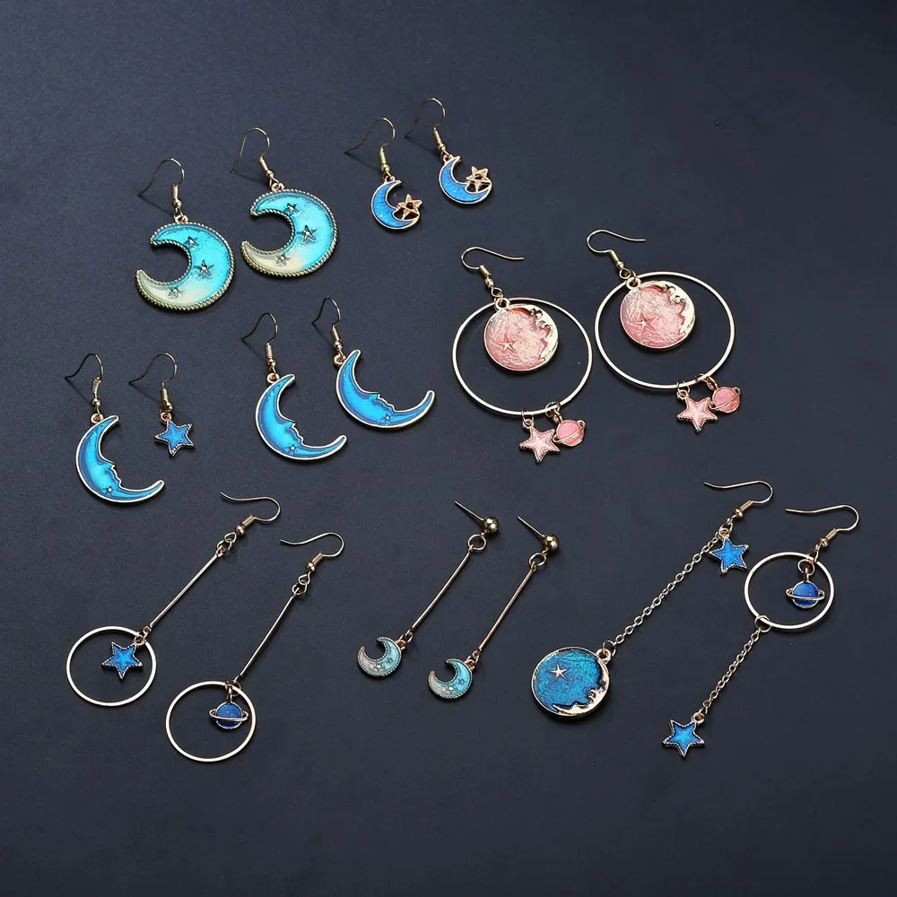 New Style Blue Star Moon universe alloy Asymmetric earrings For Women creative irregular Round Planet Drop Earrings