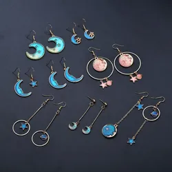 New Style Blue Star Moon universe alloy Asymmetric earrings For Women creative irregular Round Planet Drop Earrings
