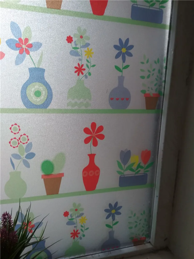 Electrostatic Frosted Glass Film, Cartoon Flower Pot, Security Window Block, Balcony Glass Sticker, No Glue, 30-90x200cm