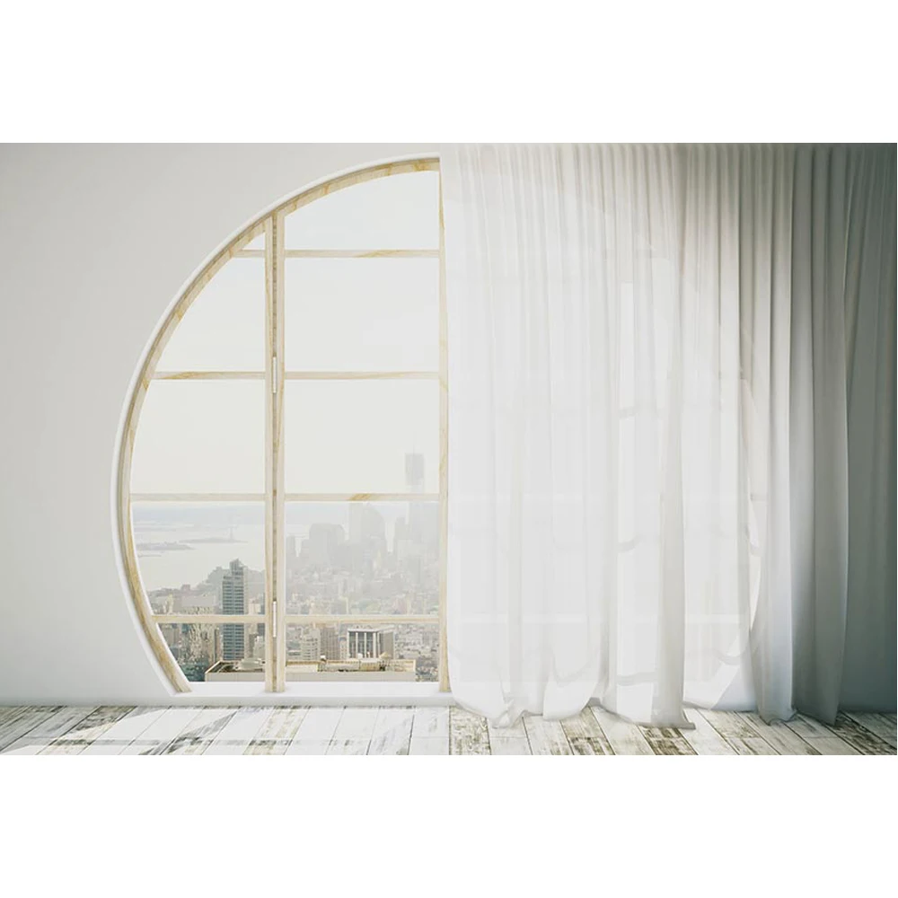 

Sunshine Through Arched Window Wedding Photography Backdrop Wood Floor Printed White Curtain City Scene Photo Studio Backgrounds