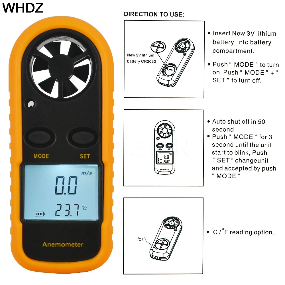 Digital Anemometer Wind Speed Meter -10 ~ 45C Temperature Tester Anemometro with LCD Backlight Display