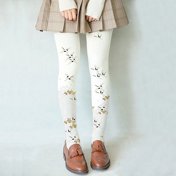 Ms spring/summer lolita pantyhose retro flying crane, the spray velvet leggings printed silk stockings