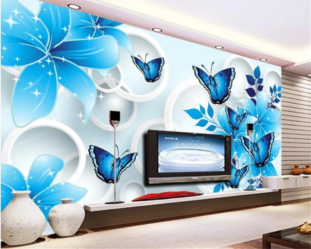 

Custom wall papers home decor papel de parede Blue floral butterfly Living room sofa background wall 3d wallpaper