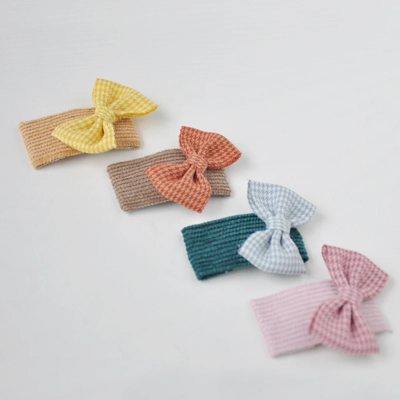 Cute Corduroy Houndstooth Children Baby Hair Clips Triangle Hair Pin Striped Plaid Bow Hairband Hairgrip Barrette Girls Clips