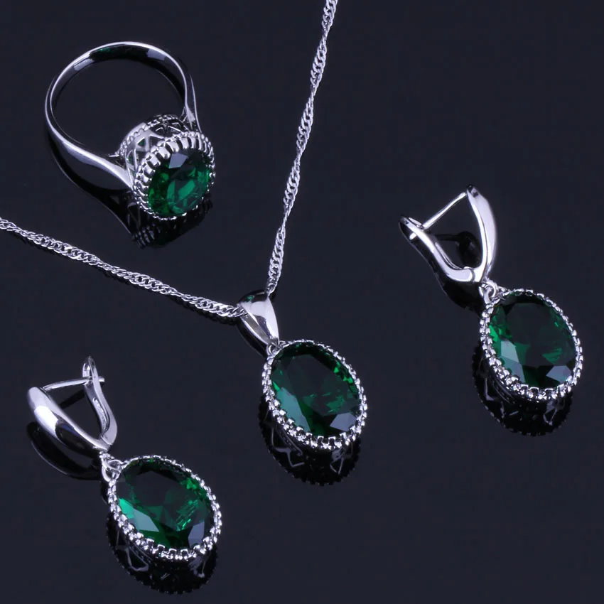 

Pretty Big Oval Green Cubic Zirconia Silver Plated Jewelry Sets Earrings Pendant Chain Ring V0262