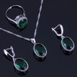 Pretty Big Oval Green Cubic Zirconia Silver Plated Jewelry Sets Earrings Pendant Nacklace Chain Ring V0262
