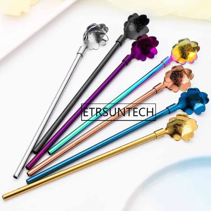 300pcs Flower Straw Spoon Portable Gold Tea Scoop Reusable Colored Stainless Steel Straws Cocktail Coffee Stirring Spoon