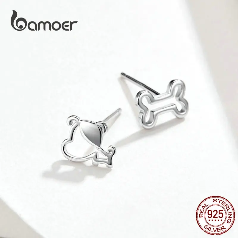 bamoer Dog and Bone Stud Earrings  for Girl Sterling Silver 925 Cat Ear Studs Jewelry Bijoux Anti-allergy Jewelry SCE649