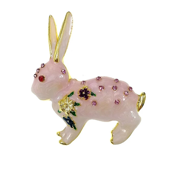 Gold-Tone Crystal Enamel Adorable Bunny with Multicolor Flower Brooch Pin