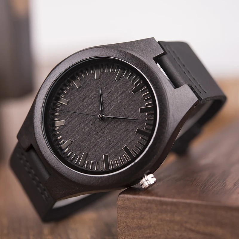 BOBO BIRD WD26 Mens Design Brand Luxury Black Wooden Watches Real Leather Quartz Watch for Men Natural Ebony Wood Drop Shipping