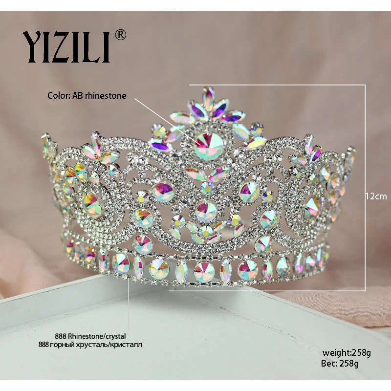 YIZILI-Europeia Big Noiva Wedding Crow, Completo De Diamante, Cristal, Grande, Redondo, Queen Crown, Acessórios Do Cabelo Do Casamento, Corvo AB, Novo, C060