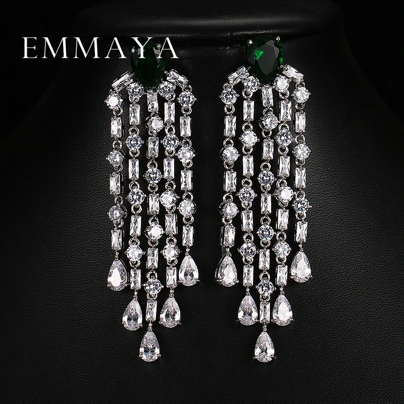 Emmaya Luxury Red Green Clear Blue Long Earrings For Women Wedding Party Drop AAA Shiny Cubic Zirconia Tassel Dangle Jewelry