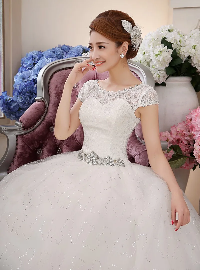 Customizable  Euramerican Whosale Sexy Vestidos Romantic White Crystal Rhinestone Cap Sleeve Ball Gown Wedding Dresses1099HMY