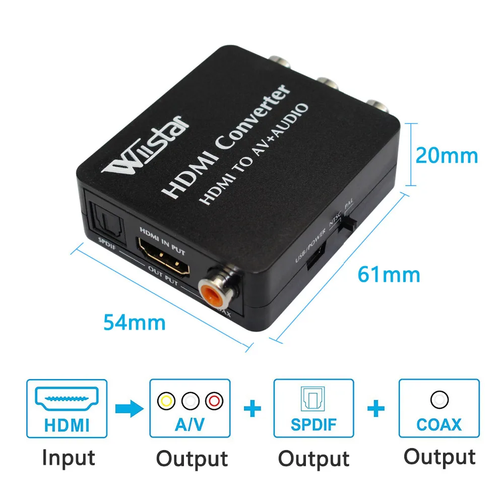 Wiistar HDMI para AV Áudio Entrada HDMI CVBS Spdif e saída coaxial Suporte NTSC/PAL para TV/PC/PS3/Dvd de raios azuis 1080p HDMI2AV