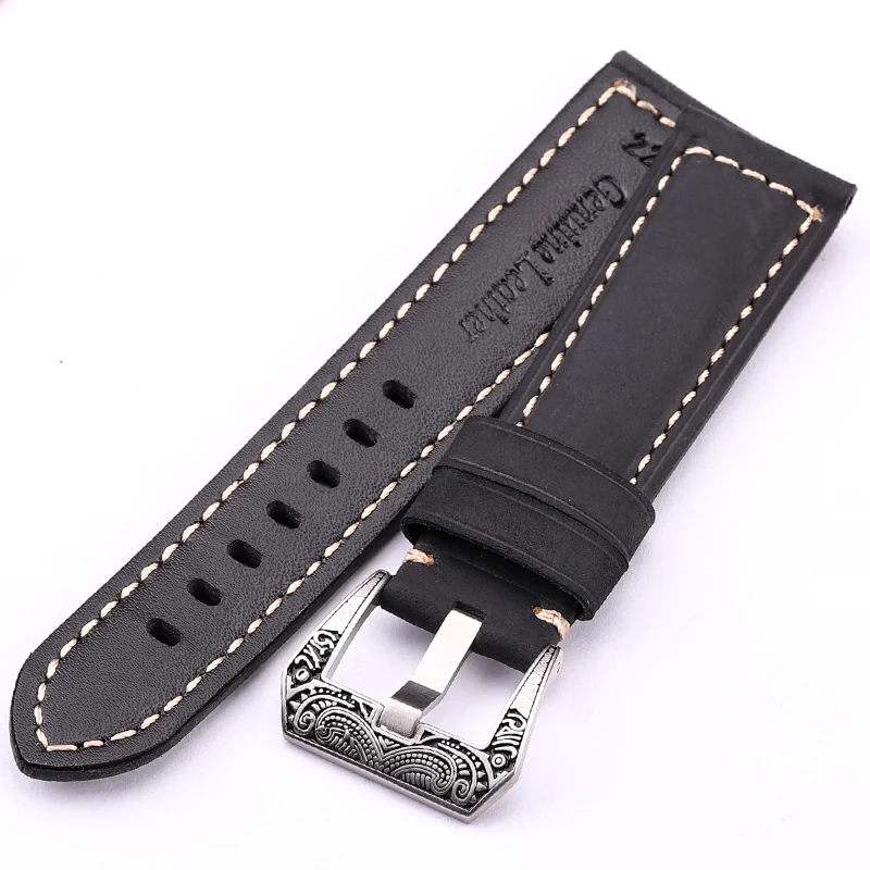 Italy Genuine Leather Watch Band Strap 22mm 24mm Thick Handmade Soft Cowhide Watchbands Belt With Retro Steel Buckle