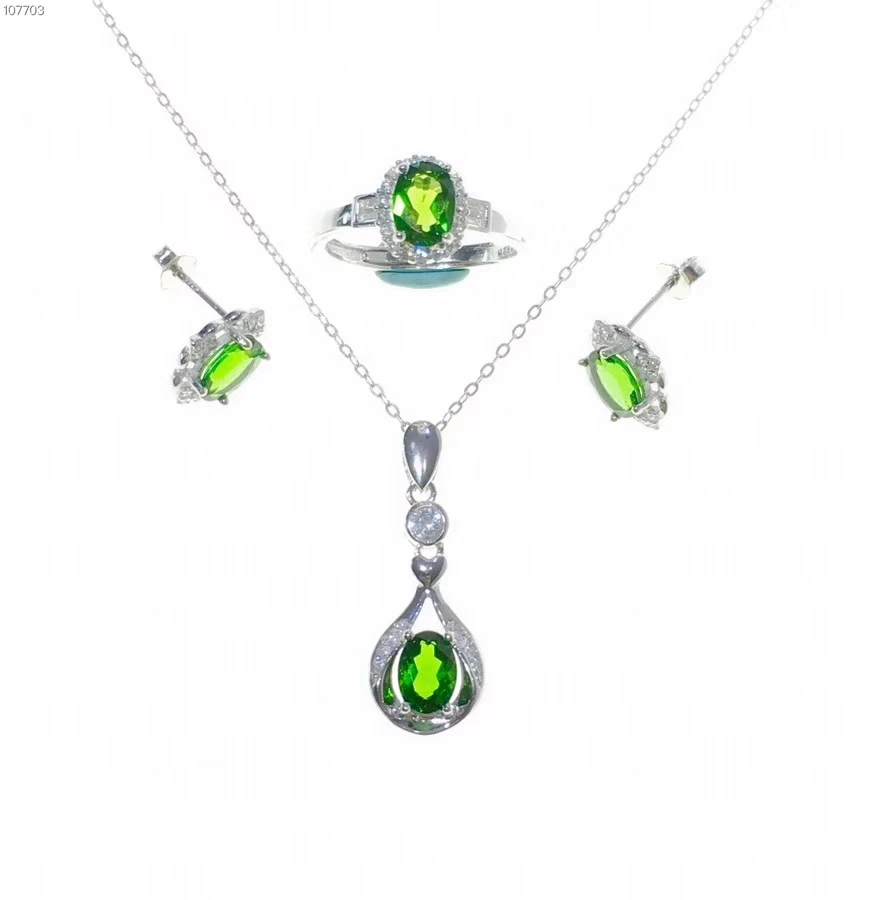 

charming clear green Diopside gemstone ring earrings and necklace jewelry set with silver
