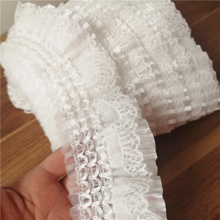 7CM Wide White 3D Lace Applique Embroidery Collar Ribbon Elastic Ruffle Trim Dress Skirts Headwear Sewing DIY Guipure Supplies