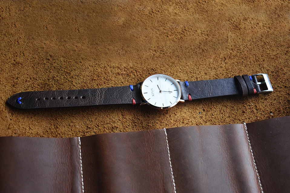 Handmade WatchBand Genuine Soft Leather Strap Watch Wristband Replacement 18mm 20mm 22mm 24mm Dark Brown Red with Blue Stitching