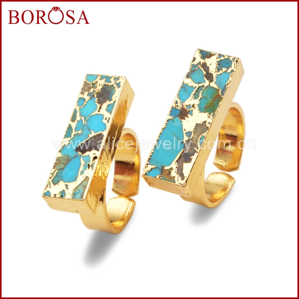 BOROSA 5/10PCS Gold Color Natural Copper Turquoises Ring for Women Jewelry, New Arrival Natural Blue Stone Gems Stone Ring G1542