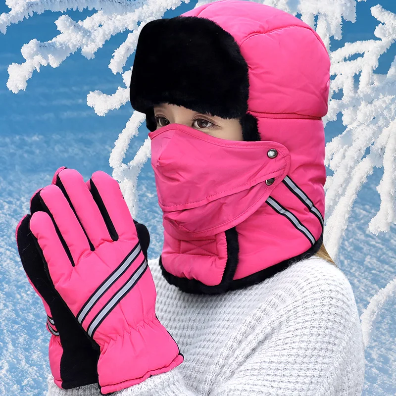 Adult Winter Warm Bomber Mask Hat Gloves Students Warm Ski Leifeng Hats Ear Protection Riding Cotton Hat Gloves Bomber Ski Hats