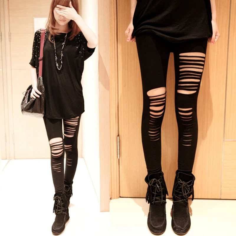 lady punk fashion street wear pants women stripe hole pants spring autumn ripped capris girl slim fitted pencil leggings