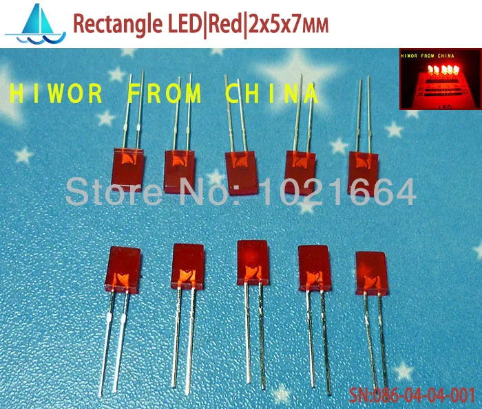 (200pcs/lot) Rectangle 2x5x7MM 2*5*7MM Rectangle LED  Red Emitting Color Light Emitting Diode