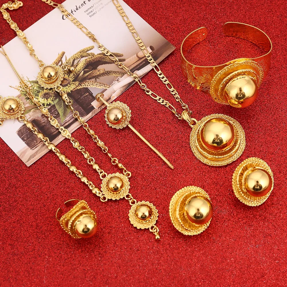 Best Quailty Ethiopian Jewelry Set Gold Color Hair Jewelry 6pcs Sets African Jewelry for Ethiopia Best Women Gift