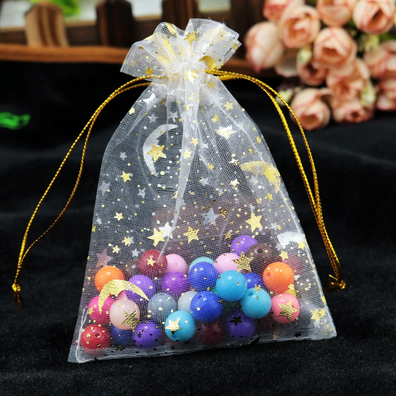 100 unids/lote de bolsas de Organza con forma de estrella y Luna, 7x9, 9x12cm, pequeñas bolsas de regalo con cordón para Navidad, bolsas para embalaje de joyería de boda