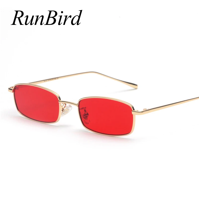 

RunBird Thin Rectangle Sunglasses Women Metal Small Square Sun Glasses Men Clear Red Pink Yellow UV400 Metal Frame Glasses 1283R