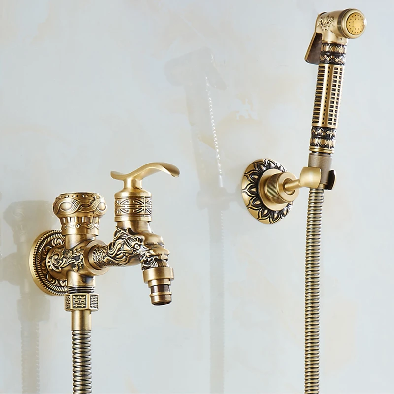 Bidet Faucets Antique Brass Wall Mounted Bathroom Hygienic Shower Sprayer Water Faucet Airbrush Toilet Washing Machine Tap WF556