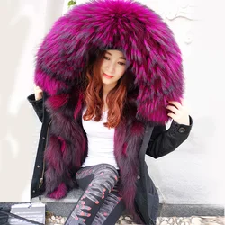 MAOMAOKONG Women's Black Army Green Large Raccoon Fur Collar Hooded Coat Parkas Outwear Fox Fur Lining Winter Jackets