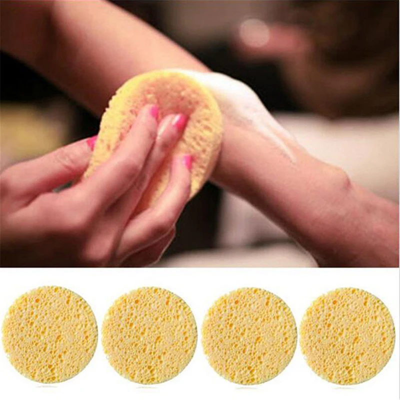 10 PCs Natural Wood Fiber Face Wash Cleansing Sponge Beauty Makeup Tools Accessories Round Yellow 8cm Dia