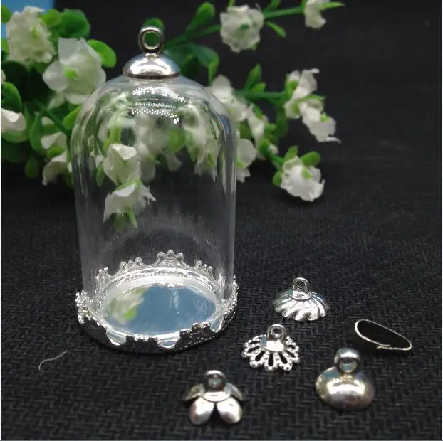 100sets/lot silver color bell jar shape 38*25mm glass globe crown base cap set glass vial pendant handmade empty crystal finding