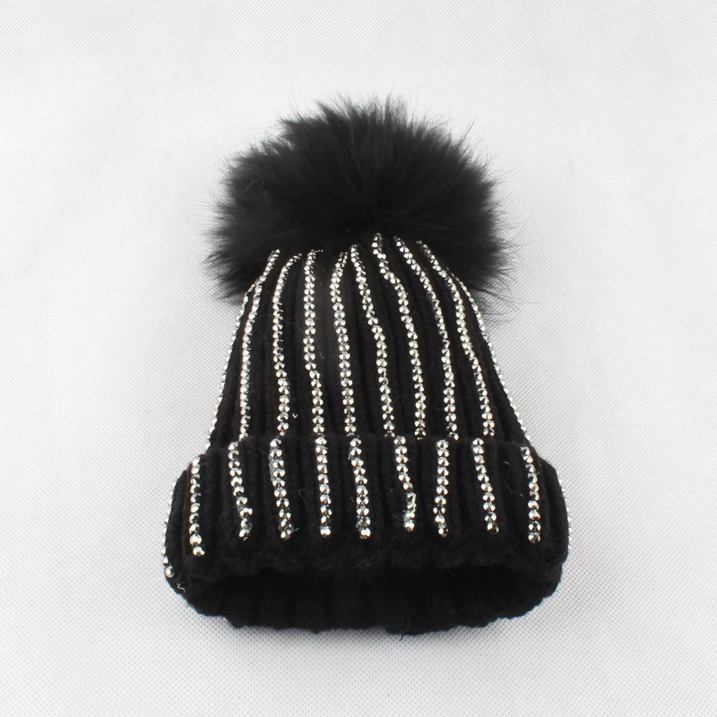 Children Winter Thick Knitted Slouchy Beanie Skullies Kids Bling Rhinestone Fleece Hats For Boy Girl Real Fur Pompom Hat